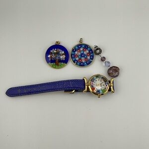 Vintage Venetian Murano Millefiori Glass Watch Pendant Jewelry Lot 925 Silver